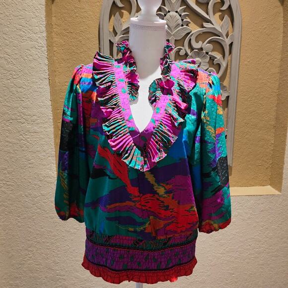 Vintage 1980s Assorti Blouse S Bold Abstract Ruffle Puff Sleeve Smocked Waist - Picture 3 of 9